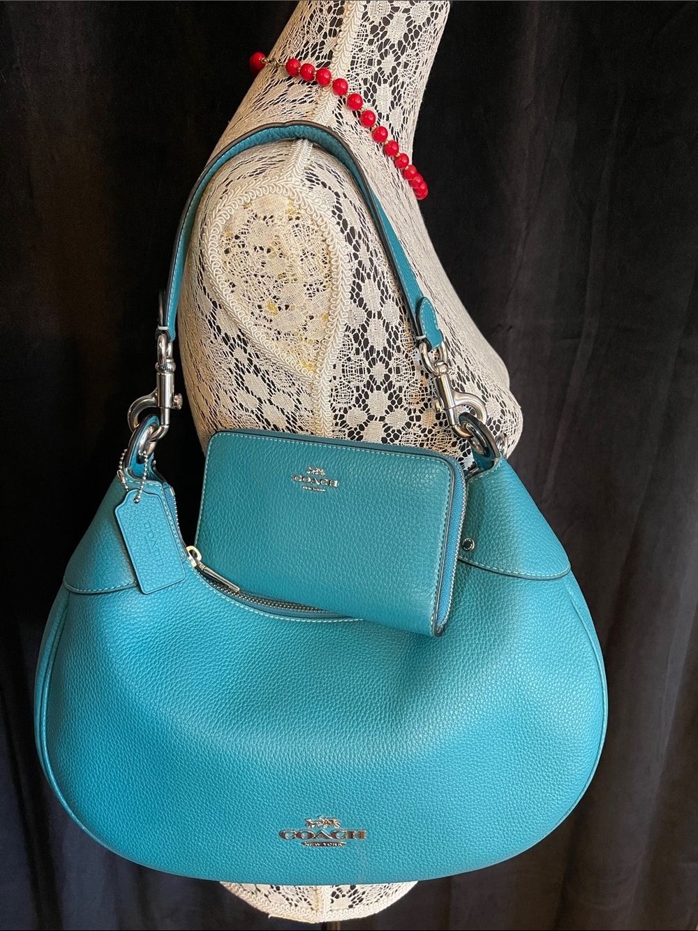 Coach Teal Pebbled Leather Hobo with Matching Teal Wallet